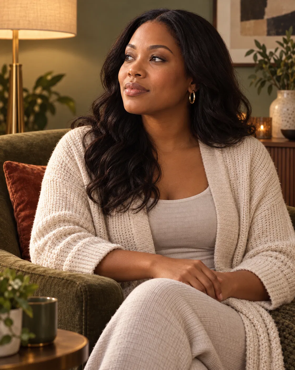 A woman at home, quietly reflecting